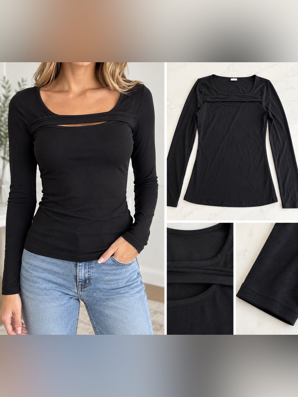 Aritzia Black Long Sleeve Cutout Scoop Neck Top
